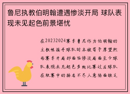 鲁尼执教伯明翰遭遇惨淡开局 球队表现未见起色前景堪忧