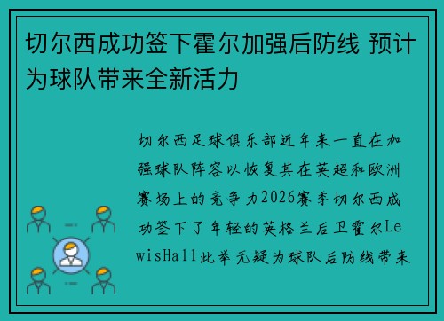 切尔西成功签下霍尔加强后防线 预计为球队带来全新活力